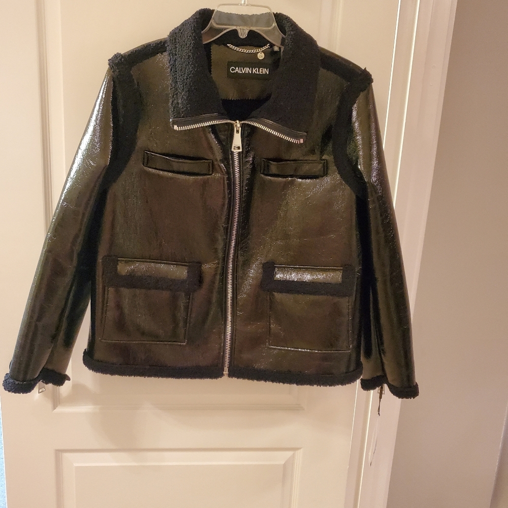 Calvin Klein Patent Faux Shearling Jacket Sz XL